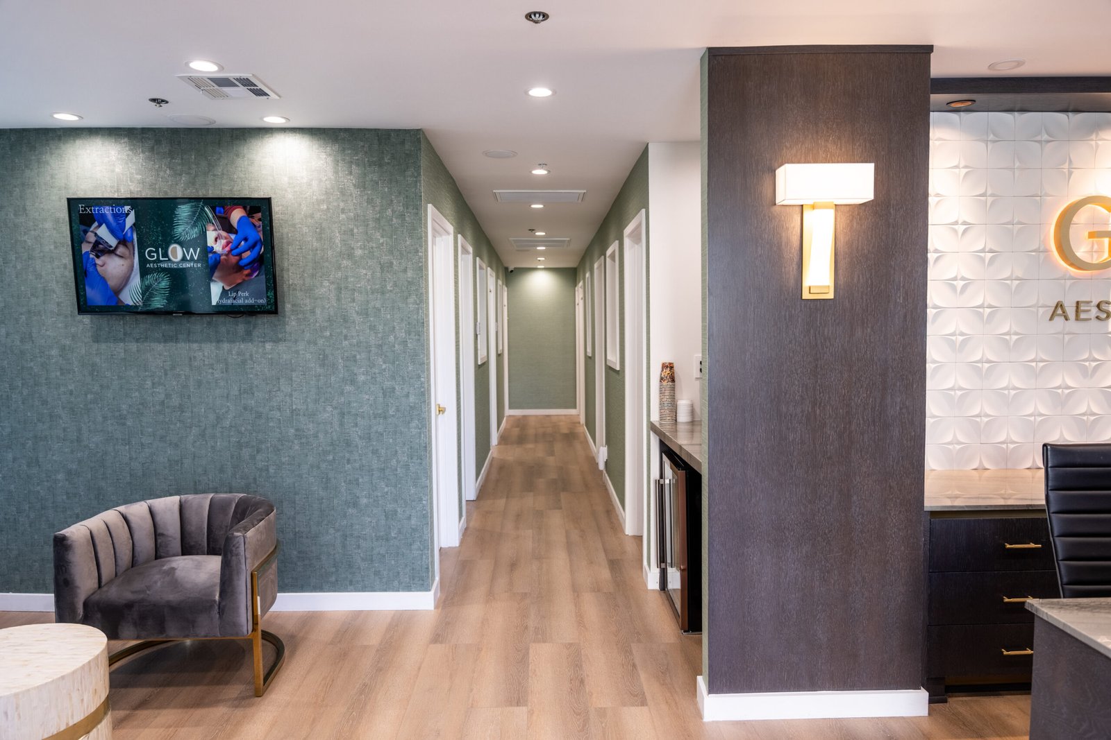 Glow Aesthetic Center hallway leading to treatment rooms